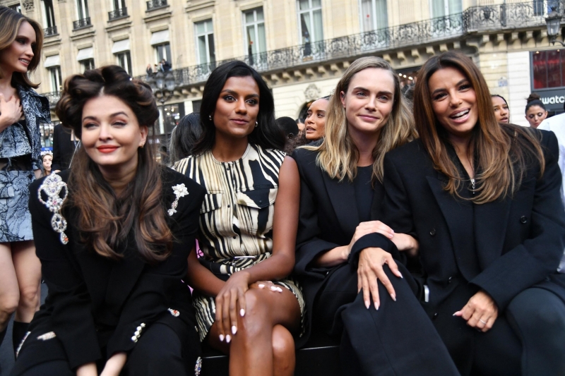Simone Ashley, Eva Longoria, Cara Delevingne and Aishwarya Rai at the Walk Your Worth show rehearsal on September 23, 2024 in Paris, France
