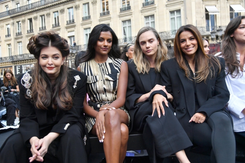 Simone Ashley, Eva Longoria, Cara Delevingne and Aishwarya Rai at the Walk Your Worth show rehearsal on September 23, 2024 in Paris, France
