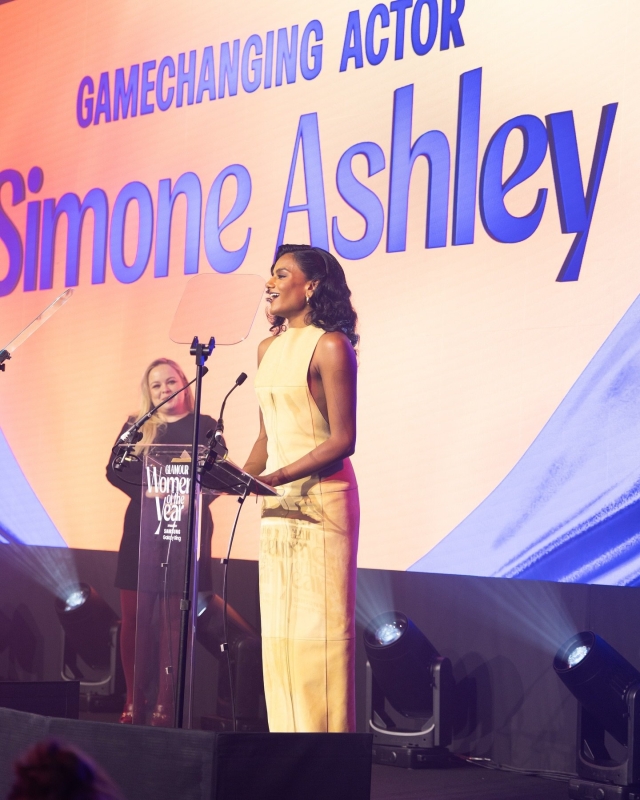 Simone Ashley accepthing her Gamechanging Actor award at the Glamour Women of the Year Awards on October 1, 2024 in London, UK 
